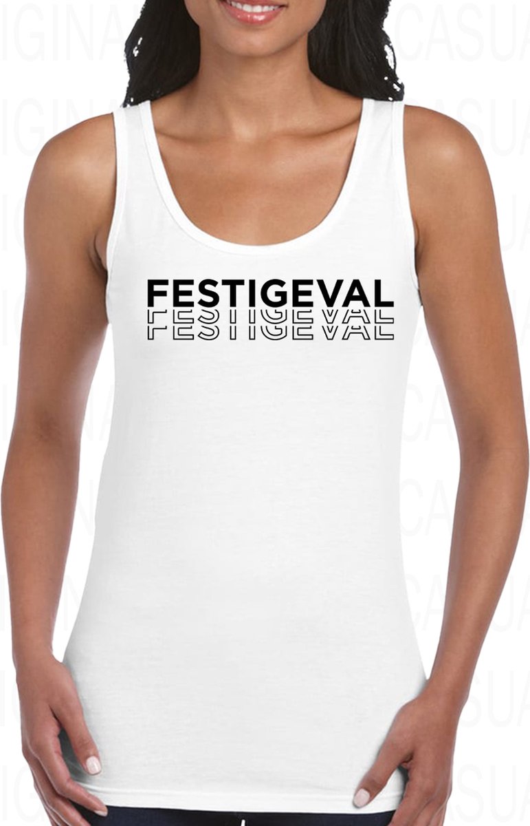 FESTIGEVAL dames tanktop - Wit met zwart - Maat M - Medium Fit - Dameshemd - Mouwloos - Ronde hals - Grappige teksten - Leuke tanktop | hemd - Humor - Original Kwoots - Festival - Party Animal